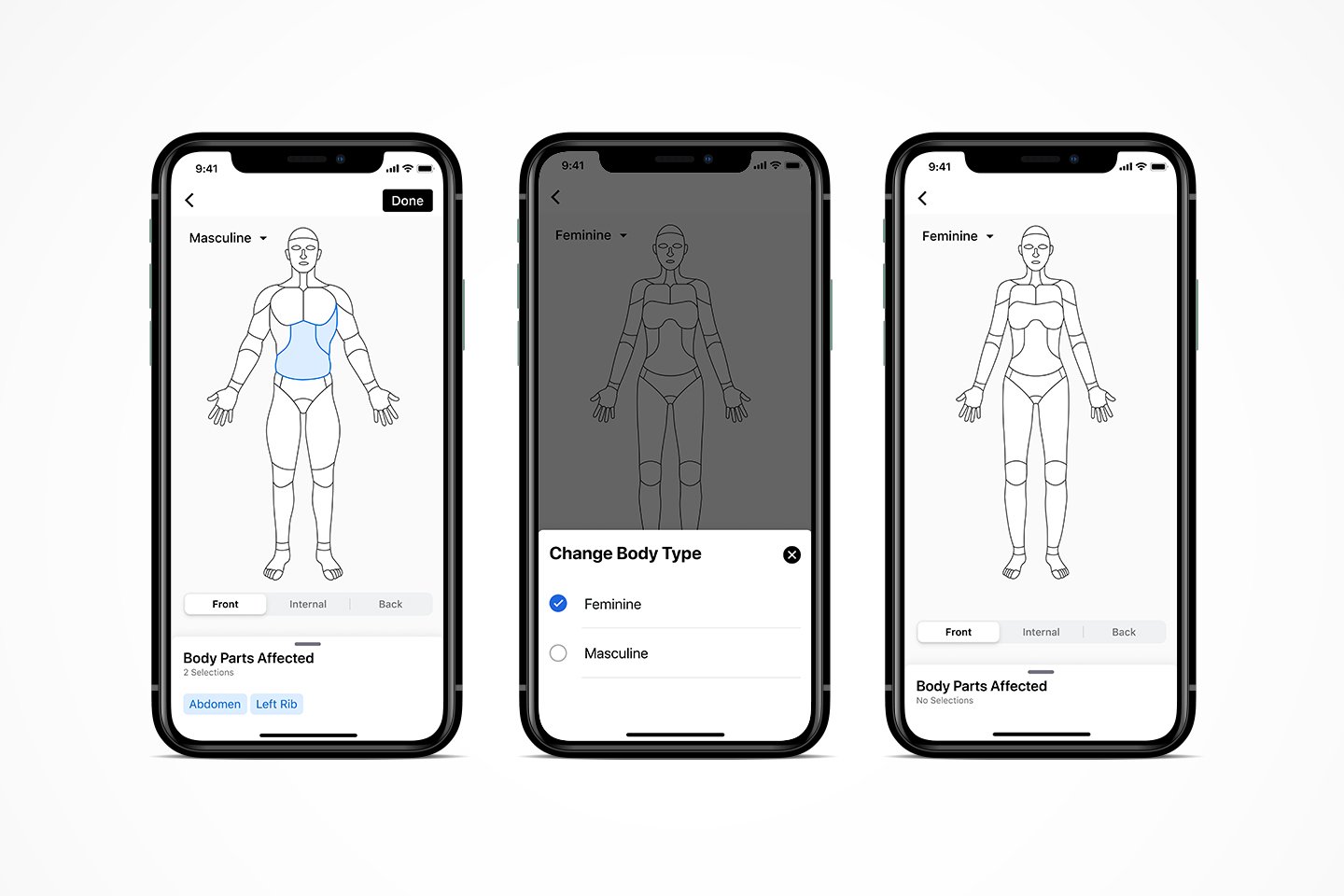 mobile screens of body diagram selector